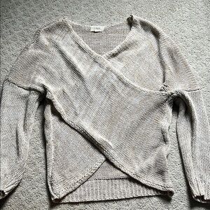 Cream V-Neck Sweater with Ribbed Knit and Wrap Design